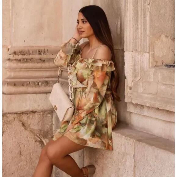 ZARA BLOGGER FAVORITE PRINTED TULLE DRESS GREEN - Picture 3 of 15